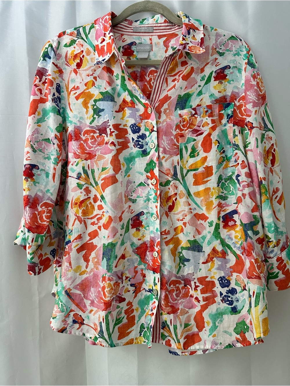 Chico’s FreshChic Linen Shirt 2 12/14 Watercolor Floral Garden Party Button Up